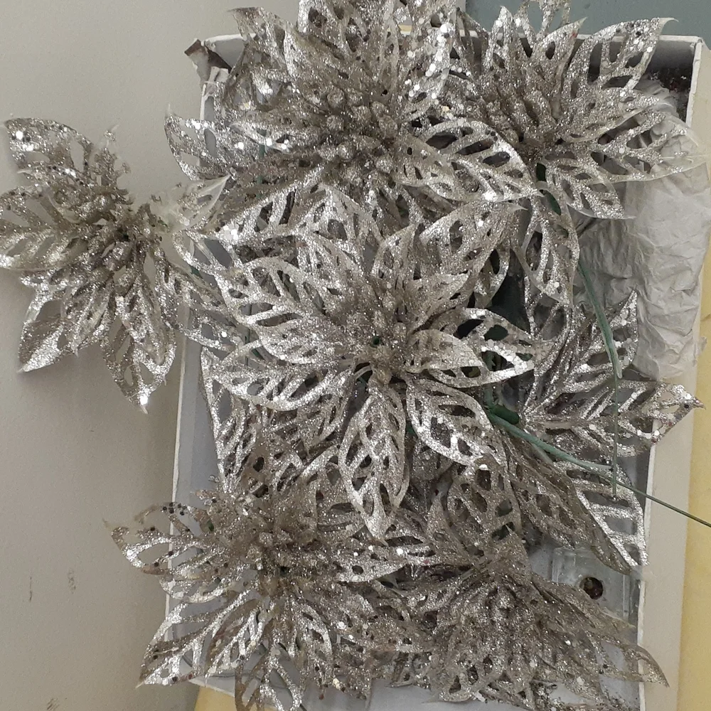 Silver Metallic Glitter FAUX POINSETTIA Christmas FLORAL 10 LOT / winter Wedding